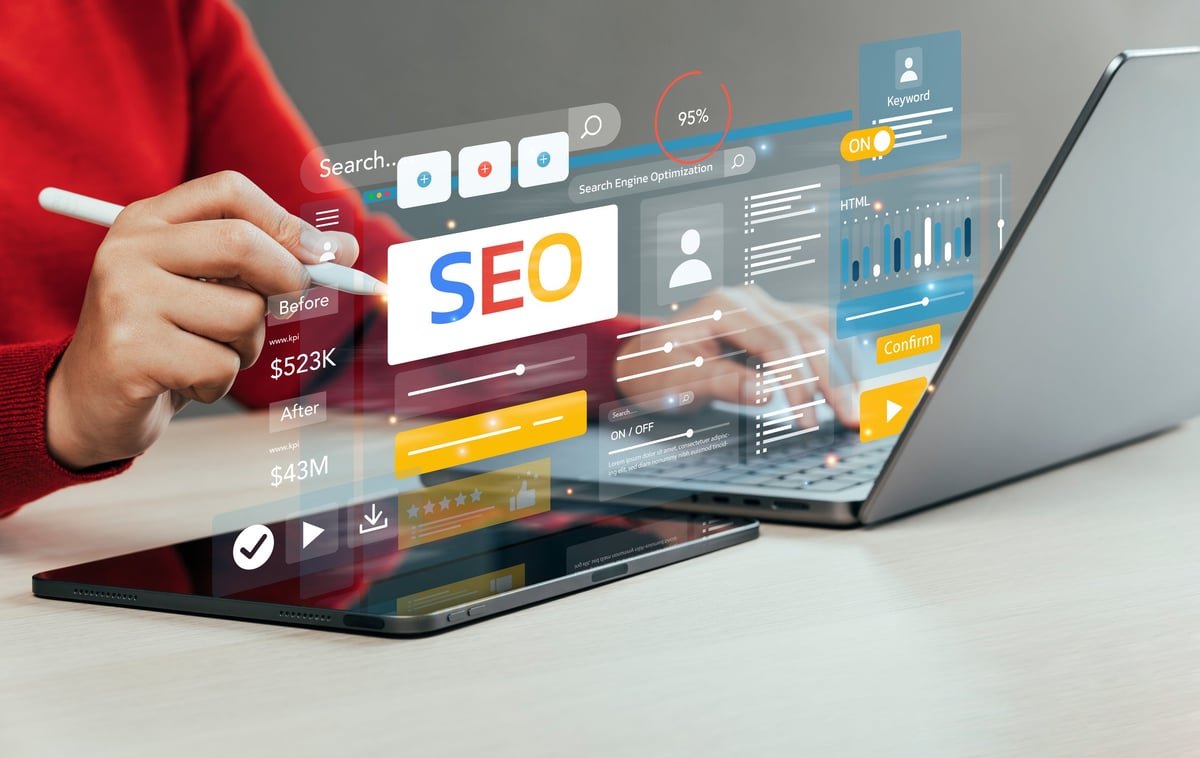 Businessman analyzing SEO and search engine optimization
